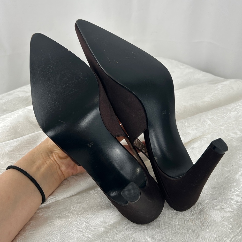 Vintage Nine West Brown Pointed-Toe Satin Slingback Heels - Picture 7 of 8